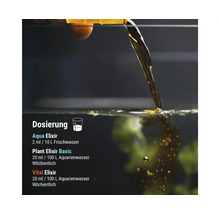 Dosieranleitung für Aqua Elixir, Plant Elixir Basic und Vital Elixir mit Darstellung der Flüssigkeitszugabe ins Aquariumwasser.