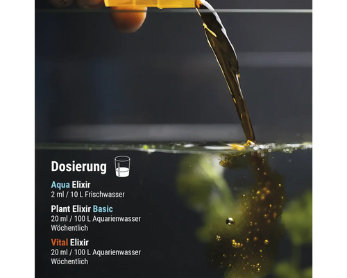 Dosieranleitung für Aqua Elixir, Plant Elixir Basic und Vital Elixir mit Darstellung der Flüssigkeitszugabe ins Aquariumwasser.