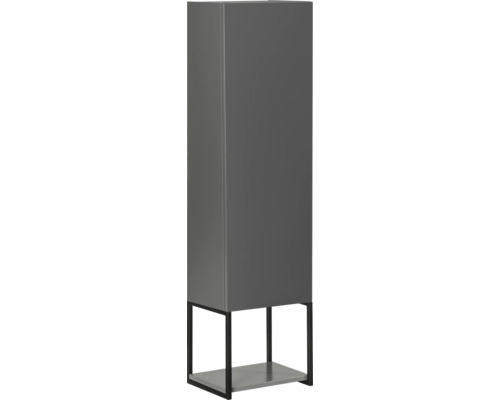 Moderner Hochschrank in Anthrazit mit schwarzem Metallgestell und unterer Ablagefläche.