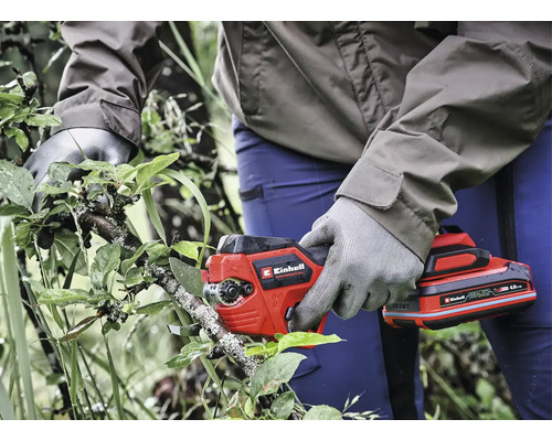 Person schneidet einen Ast mit einer Einhell Akkumulator Astschere im Garten.