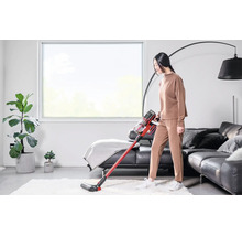Frau nutzt Einhell Akku-Staubsauger auf Teppich in hellem, modernem Wohnzimmer mit Ledersofa und Zimmerpflanze.