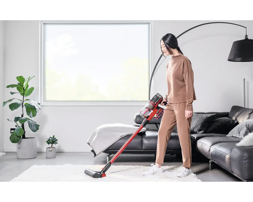 Frau nutzt Einhell Akku-Staubsauger auf Teppich in hellem, modernem Wohnzimmer mit Ledersofa und Zimmerpflanze.