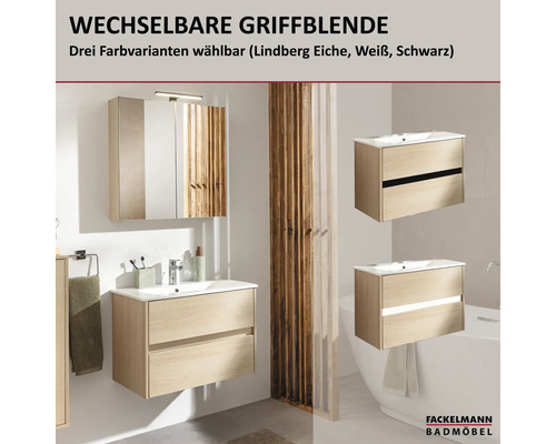 Badmöbel-Set mit Waschtischunterschrank in Eiche-Optik, Waschbecken und Spiegelschrank. Drei Griffblenden wählbar. Fackelmann Badmöbel Logo.