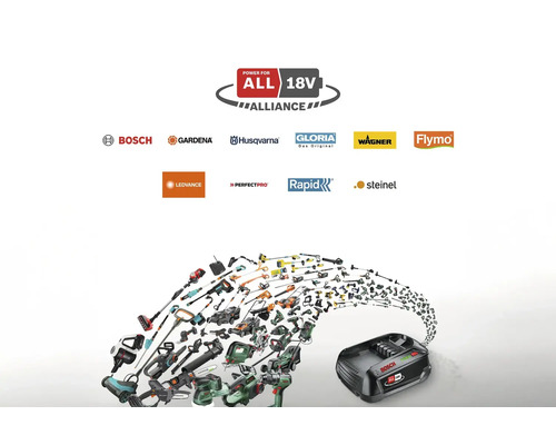 Power for ALL Alliance 18 Volt Akku-System kompatibel mit Marken wie Bosch, Gardena und Husqvarna für eine Vielzahl an Werkzeugen und Gartengeräten.
