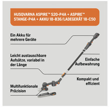 Husqvarna Aspire S20-P4A Akku-Gras- und Strauchschere mit Teleskopstange, Akku und Ladegerät sowie wechselbaren Aufsätzen.