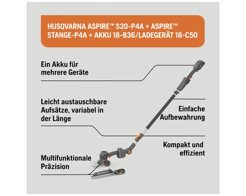 Husqvarna Aspire S20-P4A Akku-Gras- und Strauchschere mit Teleskopstange, Akku und Ladegerät sowie wechselbaren Aufsätzen.