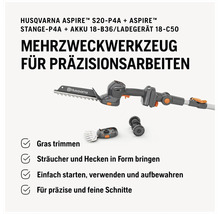 Husqvarna Aspire Akku-Multifunktionswerkzeug Set S20-P4A mit Teleskopstange, Gras- und Strauchschere, Akku und Ladegerät für Präzisionsarbeiten.