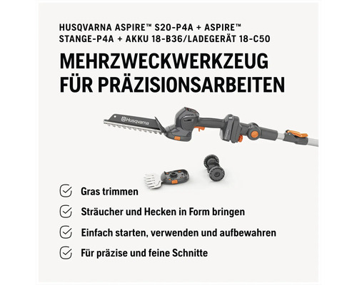 Husqvarna Aspire Akku-Multifunktionswerkzeug Set S20-P4A mit Teleskopstange, Gras- und Strauchschere, Akku und Ladegerät für Präzisionsarbeiten.