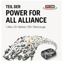 Power For All Alliance Logo mit Text Ein Akku, mehr als 10 Marken, mehr als 150 Werkzeuge und einer Auswahl an 18 Volt Akku-Geräten.