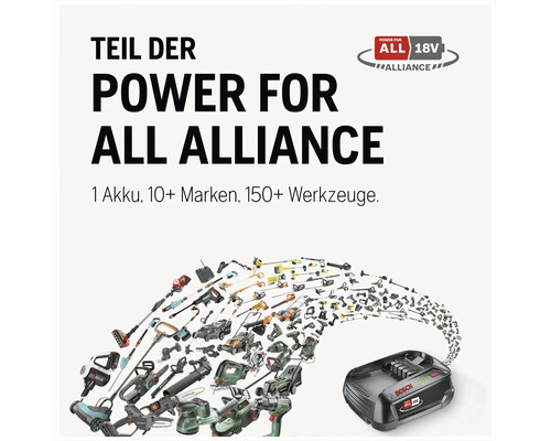 Power For All Alliance Logo mit Text Ein Akku, mehr als 10 Marken, mehr als 150 Werkzeuge und einer Auswahl an 18 Volt Akku-Geräten.