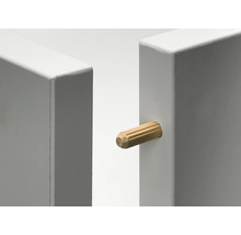 Holzdübel zur Verbindung von zwei weißen Möbelplatten.