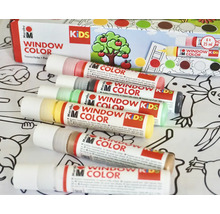 Marabu Kids Window Color Set mit sechs Malstiften auf einer Malvorlage vor der Verpackung.