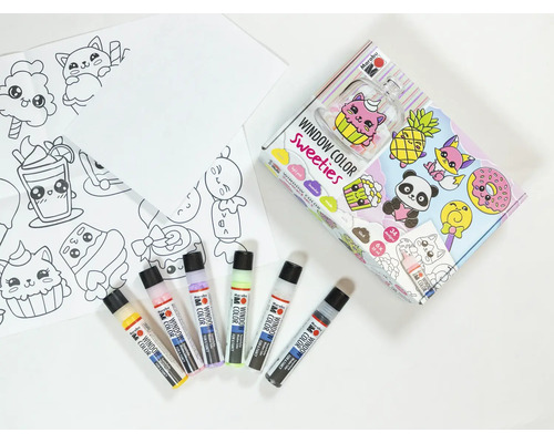 Marabu Window Color Set Sweeties mit sechs Malfarben, Malvorlagen, Folie und Verpackung.