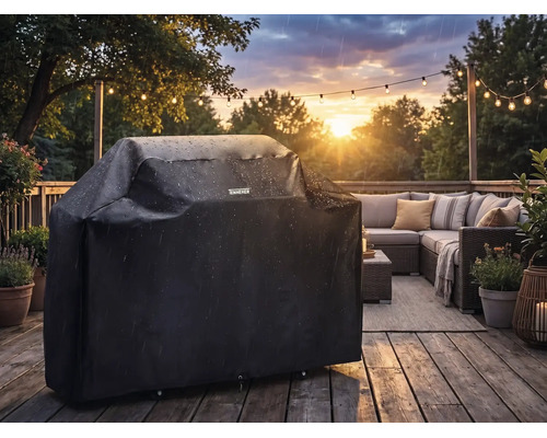 Tenneker Grill-Abdeckhaube auf einer Terrasse bei Regen, wasserabweisendes Material, im Hintergrund Lounge-Möbel und Lichterkette.