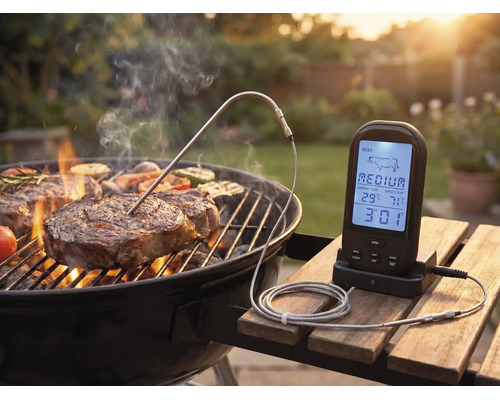 Digitales Grillthermometer mit Fleischsonde misst die Kerntemperatur eines Steaks auf einem Holzkohlegrill in einem hellen Garten.