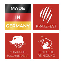 Symbole für hergestellt in Deutschland, kratzfest, individuell zuschneidbar und einfache Reinigung.