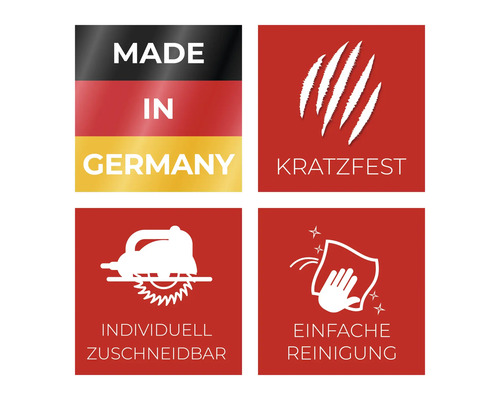 Symbole für hergestellt in Deutschland, kratzfest, individuell zuschneidbar und einfache Reinigung.
