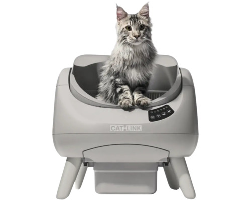 Eine Katze sitzt in einer grauen, selbstreinigenden Katzentoilette von CATLINK mit digitalem Bedienfeld.