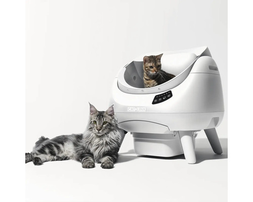 Selbstreinigende Katzentoilette mit CatLink Logo und zwei Katzen, eine im Inneren, eine daneben liegend, mit Bedienfeld und Füßen.