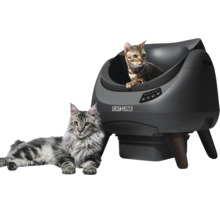 Selbstreinigende Katzentoilette mit CATLINK Logo und zwei Katzen, modernes Design mit Bedienfeld und Standfüßen.