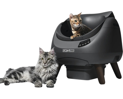Selbstreinigende Katzentoilette mit CATLINK Logo und zwei Katzen, modernes Design mit Bedienfeld und Standfüßen.