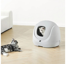 Moderne, weiße selbstreinigende Katzentoilette in einem hellen Raum mit zwei Katzen auf einem Holzboden.