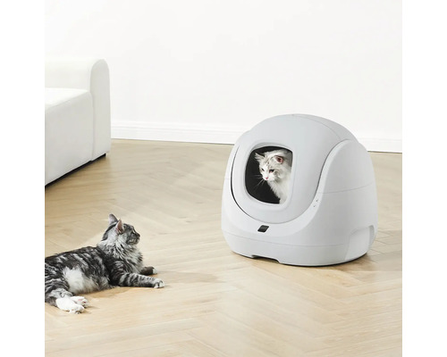 Moderne, weiße selbstreinigende Katzentoilette in einem hellen Raum mit zwei Katzen auf einem Holzboden.
