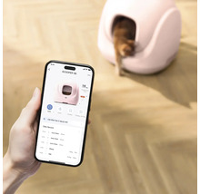 Smartphone-Applikation zur Steuerung einer selbstreinigenden Katzentoilette, im Hintergrund das Gerät mit einer Katze auf Holzboden.