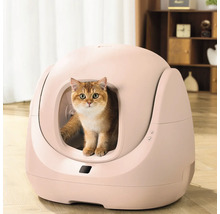 Moderne, selbstreinigende Katzentoilette in rundem Design mit einer Katze im Eingang, aufgestellt in einem hellen Wohnzimmer.