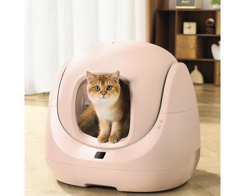 Moderne, selbstreinigende Katzentoilette in rundem Design mit einer Katze im Eingang, aufgestellt in einem hellen Wohnzimmer.
