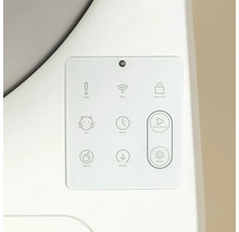Nahaufnahme des Bedienfelds einer automatischen Katzentoilette mit Symbolen für Reinigung, Betriebsmodus, Zeitschaltuhr und drahtlose Verbindung.