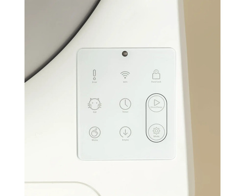 Nahaufnahme des Bedienfelds einer automatischen Katzentoilette mit Symbolen für Reinigung, Betriebsmodus, Zeitschaltuhr und drahtlose Verbindung.