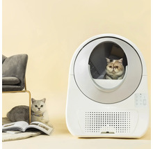 Weiße selbstreinigende automatische Katzentoilette mit einer Katze im Inneren und einer weiteren Katze daneben.