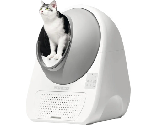 Selbstreinigende Katzentoilette von Catlink aus Kunststoff mit Bedienfeld und Lüftungsöffnungen sowie einer Katze in der Öffnung.