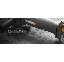 WORX Logo auf einem Winkelschleifer mit 6-stufiger Drehzahlregelung von 2500 bis 11500 Umdrehungen pro Minute.