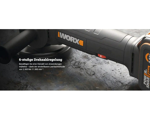WORX Logo auf einem Winkelschleifer mit 6-stufiger Drehzahlregelung von 2500 bis 11500 Umdrehungen pro Minute.