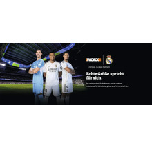 Werbebanner mit drei Spielern von Real Madrid im Fußballstadion, Worx Logo und Real Madrid Logo zur Bekanntgabe der globalen Partnerschaft.