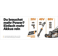 Worx PowerShare System für 20 Volt, 40 Volt und 80 Volt Werkzeuge wie Akkuschrauber, Laubbläser und Rasenmäher.