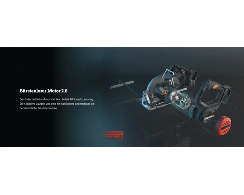 Explosionszeichnung einer Worx Handkreissäge mit bürstenlosem Motor 2.0 für 40 Prozent mehr Leistung und eine deutlich längere Lebensdauer.