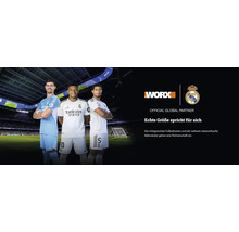 Worx und Real Madrid Partnerschaft mit drei Fußballspielern in einem Stadion, Worx Logo und Real Madrid Logo.