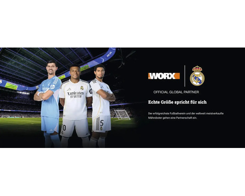 Worx und Real Madrid Partnerschaft mit drei Fußballspielern in einem Stadion, Worx Logo und Real Madrid Logo.