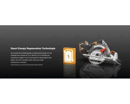 Worx Handkreissäge mit Symbol für Smart Energy Regeneration Technologie zur Energierückgewinnung.