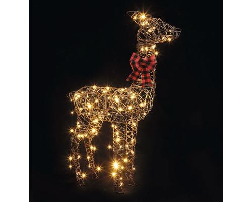 LED Rentier Dekofigur aus Drahtgeflecht mit warmweißen LED Lichtern und rot schwarz karierter Schleife.
