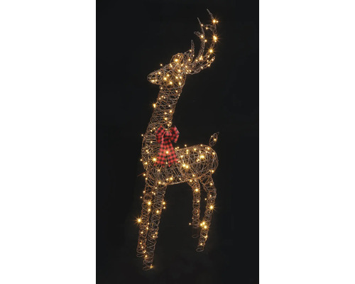 LED Rentier Dekofigur aus Draht mit warmweißer Beleuchtung und rot-schwarz karierter Schleife.