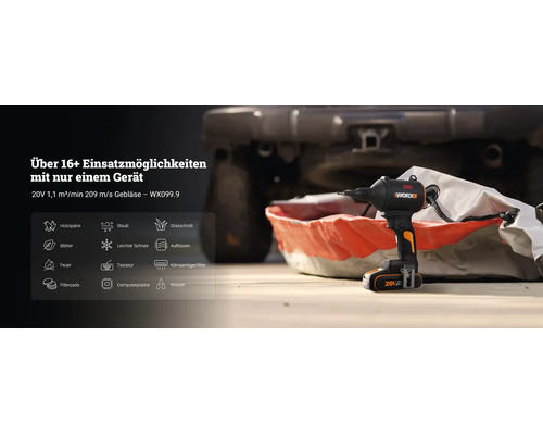 Worx Akku Gebläse WX099.9 mit 20 Volt für vielseitige Reinigungsaufgaben inklusive Zubehör für über 16 verschiedene Einsatzmöglichkeiten.