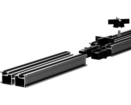 Montageprofil aus Aluminium mit Schienenverbinder und Haltekreuz zur Befestigung.
