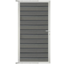 Gartentür aus Verbundmaterial-Lamellen mit einem Rahmen aus Aluminium, Griff und Schloss.