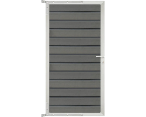 Gartentür aus Verbundmaterial-Lamellen mit einem Rahmen aus Aluminium, Griff und Schloss.