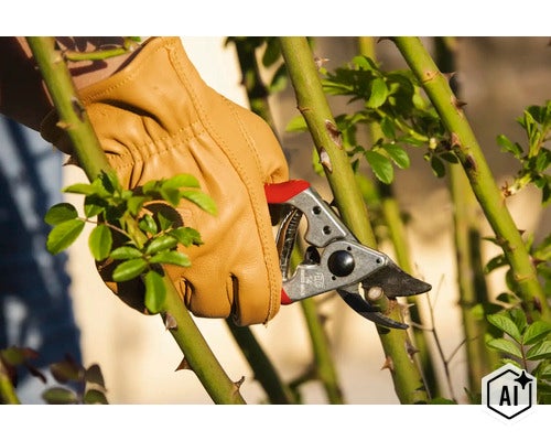 Eine Person mit Lederhandschuhen benutzt eine Felco Gartenschere, um einen Rosenstamm zurückzuschneiden. (Image AI modified or generated)