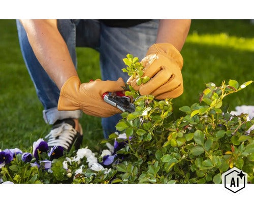 Person mit Gartenhandschuhen schneidet eine Rose mit einer Gartenschere im Garten. (Image AI modified or generated)